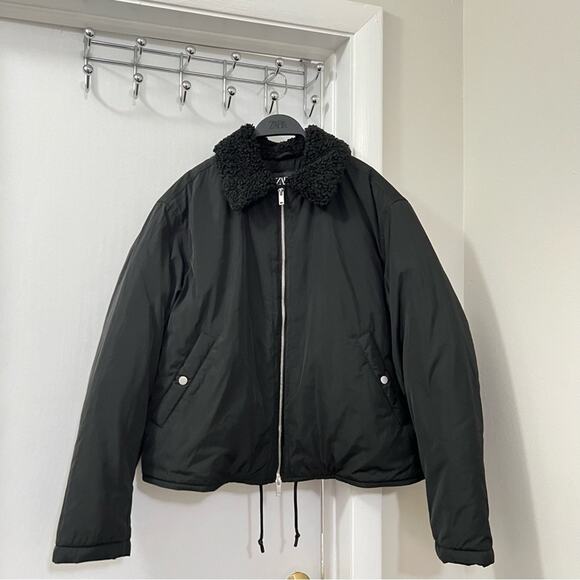 MEN ZARA BLACK MATCHING COLLAR PUFFER JACKET Size Medium - Picture 11 of 13
